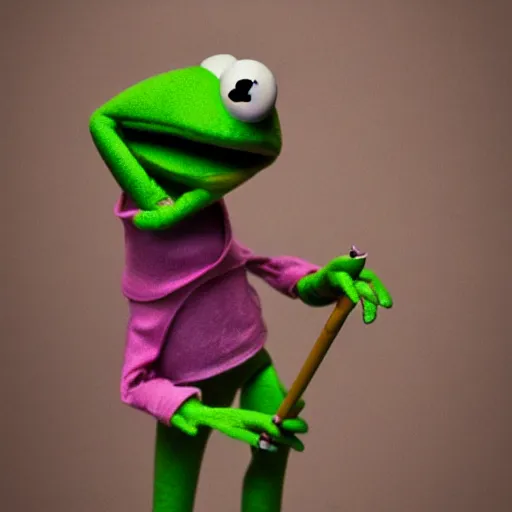 Image similar to kermit the frog on a drug and alcohol fueled binge, cigaretts, flames, hookers, hyper realistic, photography, dark vibes