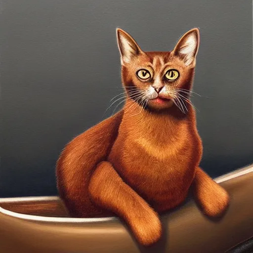 Image similar to a realistic painting of a brown cat on a car highly detailed trending on art station