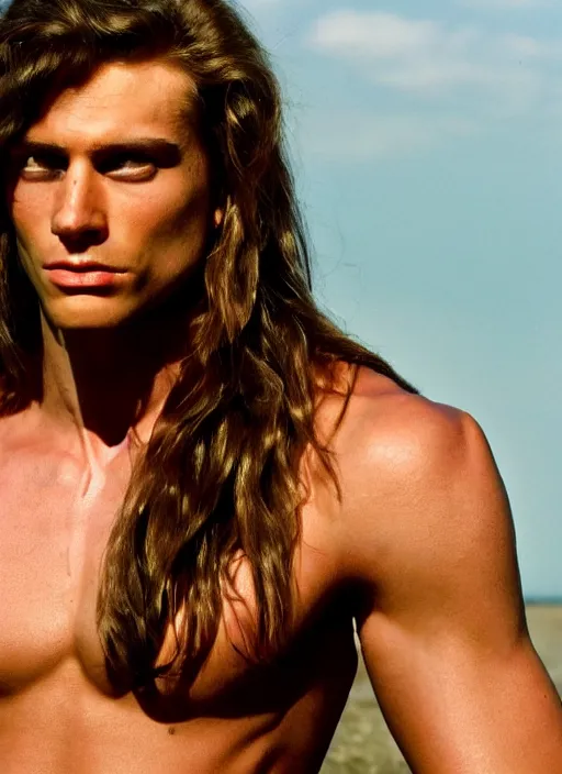 Prompt: a very skinny young Tarzan close-up portrait of young white male, with long straight slicked back brown hair shoulder length