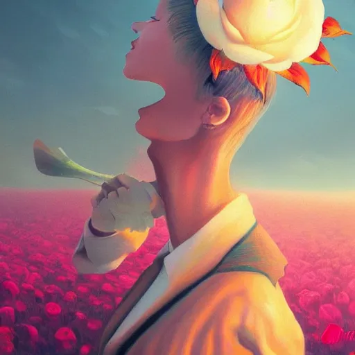 Image similar to closeup, giant rose flower under head, frontal, girl in a suit, surreal photography, sunrise, dramatic light, impressionist painting, digital painting, artstation, simon stalenhag