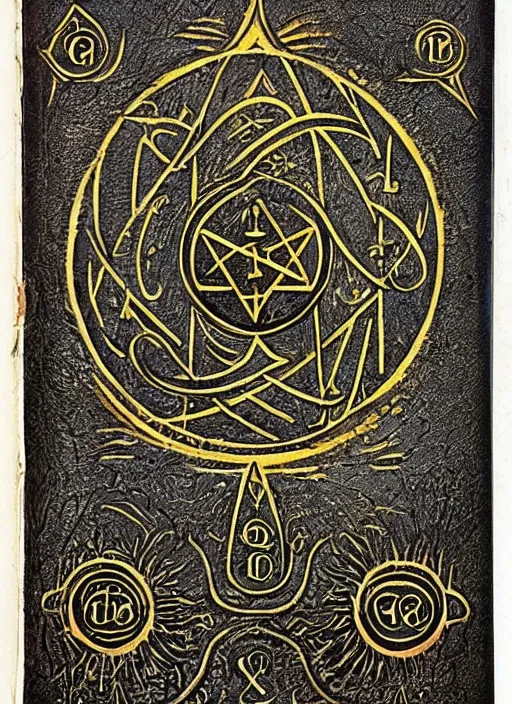 Prompt: book cover of an ancient magickal grimoire, the sigil of manifestation in golden letters