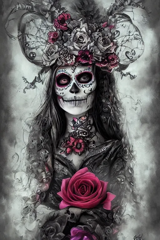 Prompt: illustration of a sugar skull day of the dead girl, art by aleksi briclot