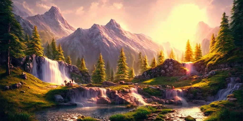 Image similar to a beautiful fantasy landscape, mountain in background, a waterfall in the mountains, little cottage, cute couple, small pond, some trees in the corner, sunrise, hyper realism, octane art, art by philipp urlich