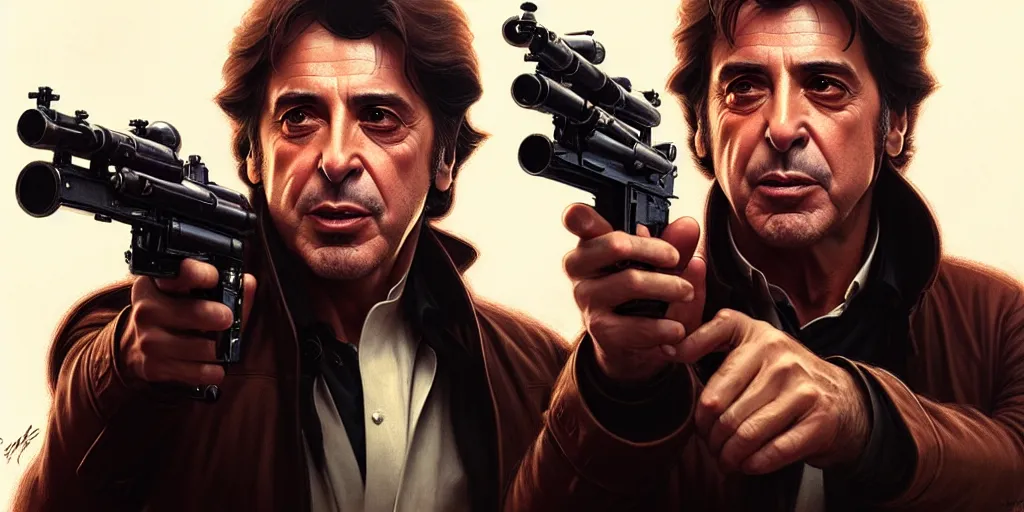 Image similar to al pacino as han solo, cinematic, highly detailed, digital painting, artstation, concept art, matte, sharp focus, illustration, art by artgerm and greg rutkowski and alphonse mucha