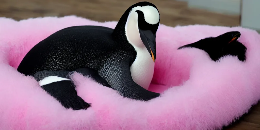 Prompt: realistic penguin sitting in an pink fluffy bed