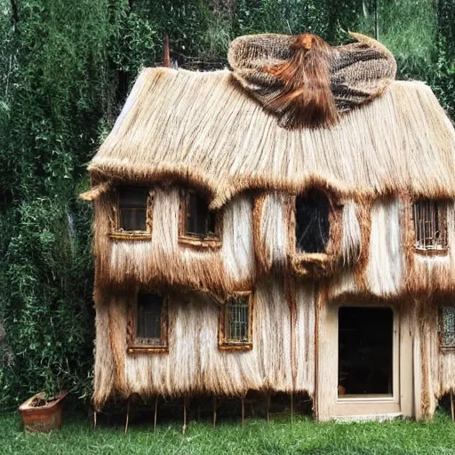 Prompt: a house made of a long hair and taxidermy parts