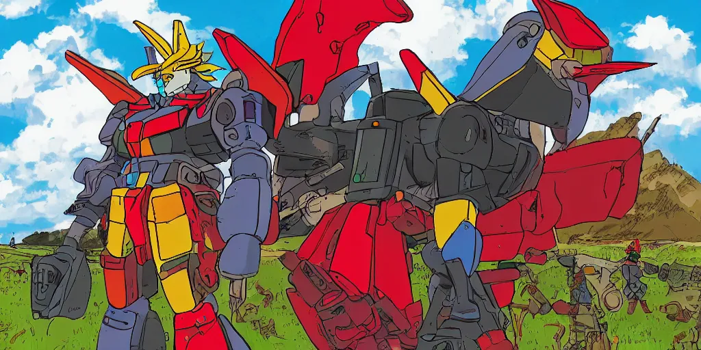 Prompt: colorful illustration of a fully armoured fighting rooster gundam in a farm, mix of styles, dieselpunk, howl's moving castle color scheme