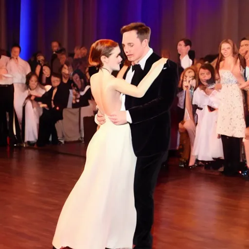 Image similar to elon musk and emma watson dancing together 4k