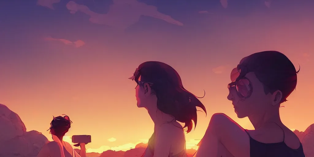 Prompt: a man watching the sunset by the beach in the style of artgerm, charlie bowater, atey ghailan and mike mignola, vibrant colors and hard shadows and strong rim light, plain background, comic cover art, trending on artstation