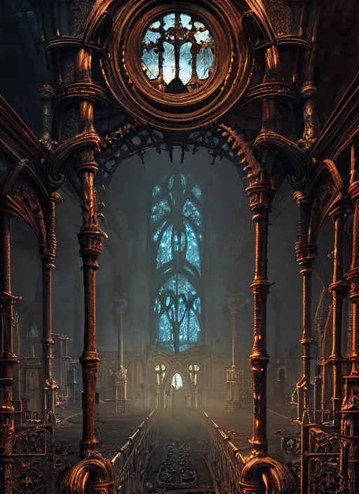 Image similar to steam necropolis, memento mori, gothic, neo - gothic, art nouveau, hyperdetailed copper patina medieval icon, stefan morrell, philippe druillet, ralph mcquarrie, concept art, steampunk, unreal engine, detailed intricate environment, octane render, moody atmospherics, volumetric lighting, ultrasharp, ominous, otherworldly