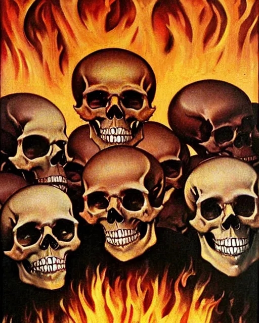 Image similar to oil geometric painting of skull skeletons burning in hell reaching for help by norman rockwell