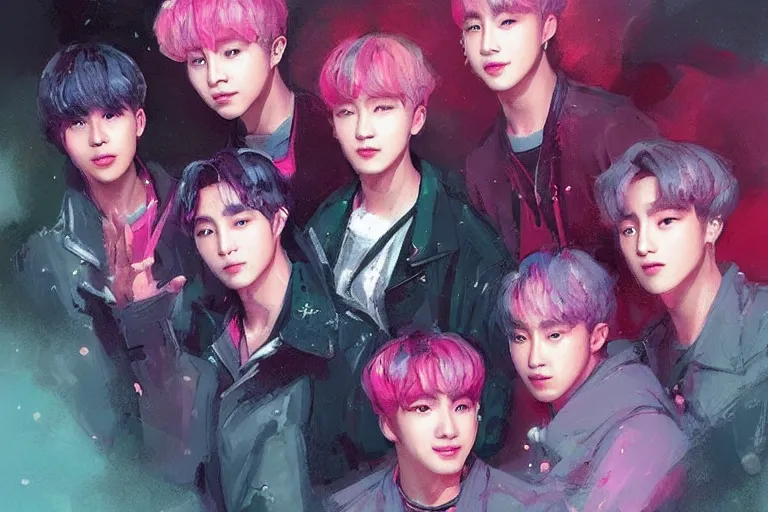 Image similar to “ a portrait of 7 members of bts band, rainy background, pink bright art masterpiece artstation. 8 k, sharp high quality artwork in style of jose daniel cabrera pena and greg rutkowski, concept art by tooth wu, hearthstone card game artwork. ”