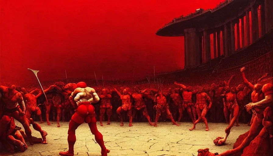 Image similar to only with red, a lightly armored gladiator in a crowded roman amphitheatre, crowd cheering, in the style of beksinski and edward hopper and rodcenko and yue minjun and cory loftis, intricate and epic composition, red by caravaggio, highly detailed, masterpiece, red light, artstation, art nouveau