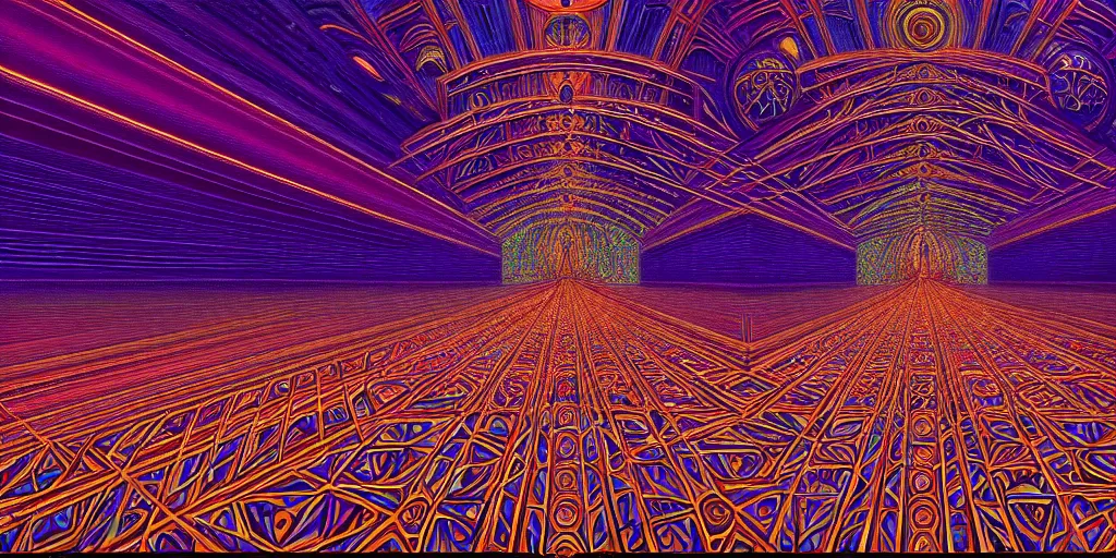 Image similar to cinematic view of the inside of a dmt cathedral filled with intricate and perfect patterns surrounded by infinite rooms, moebius, alex grey, oil on canvas, masterpiece, trending on artstation, featured on pixiv, cinematic composition, sharp, details, hyper - detailed, hd, hdr, 4 k, 8 k