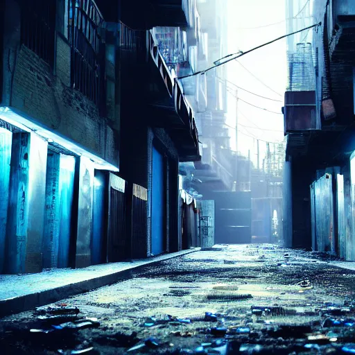 Image similar to a cinematic frame of a dead end alleyway in a futuristic dystopian city, night time, littered with garbage, cold blue lighting, brutalist architecture, damp, cityscape, vanishing point perspective