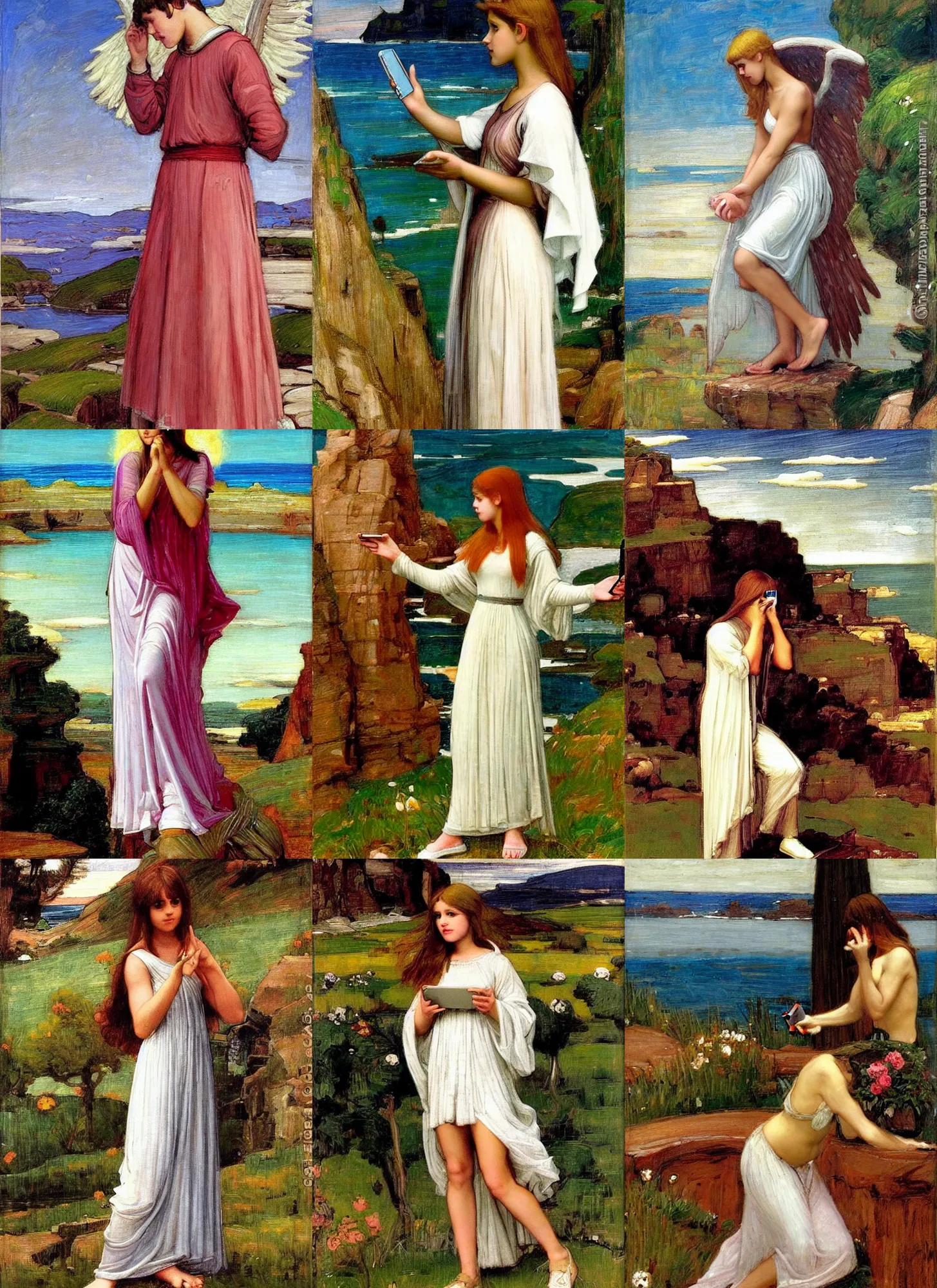 Prompt: teen angel on a cell phone with epic landscape in the style of John William Waterhouse