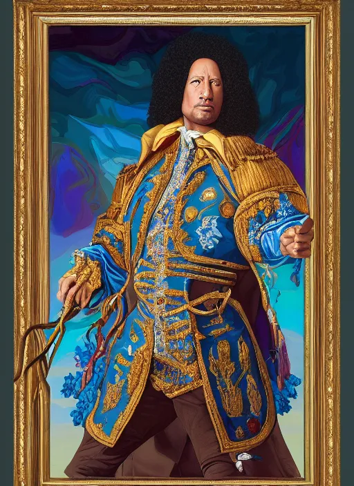 Image similar to beautiful oil painting, portrait of Dwayne the rock Johnson as Louis xiv in coronation robes 1701, Dan Mumford, Dan Mumford, Alex grey, Alex grey, lsd visuals, dmt fractal patterns, entheogen, psychedelic, hallucinogen, highly detailed, ornate, vaporwave