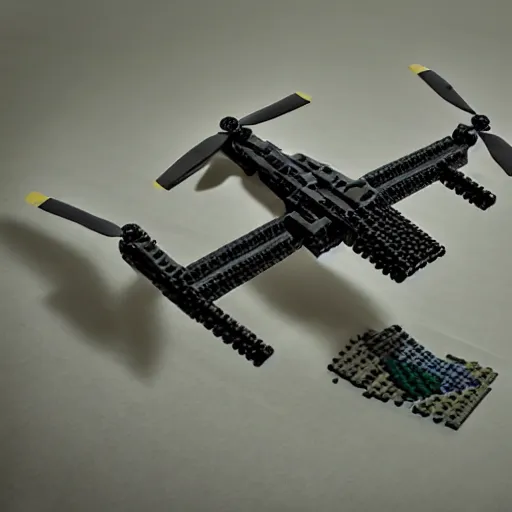 Image similar to a military drone made of legos, realistic photography, high detailed