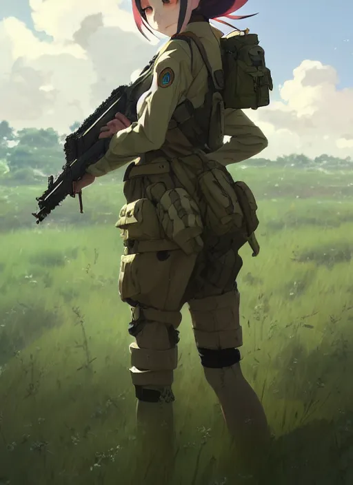 Image similar to portrait of cute soldier girl taking cover, cloudy sky background lush landscape illustration concept art anime key visual trending pixiv fanbox by wlop and greg rutkowski and makoto shinkai and studio ghibli and kyoto animation soldier clothing military gear realistic anatomy mechanized