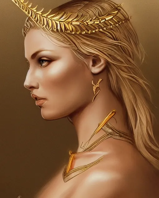 Image similar to tattoo sketch of hot blonde super model as aphrodite greek goddess wearing a gold laurel wreath and triangle earrings, beautiful piercing gaze with sharp pupils, in the style of greg rutkowski, fantasy, amazing detail, epic, elegant, smooth, sharp focus, front view