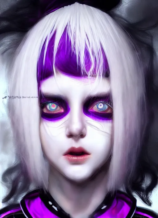 Image similar to hair whitebangs hair, black cyberlox, portrait of normal teenage girl, white bangs, messy bangs, fluffy bangs, cyberlox, whitebangs, red contact lenses, purple background, intricate, elegant, highly detailed, digital painting, artstation, concept art, sharp focus, smooth, illustration, art by wlop, mars ravelo and greg rutkowski