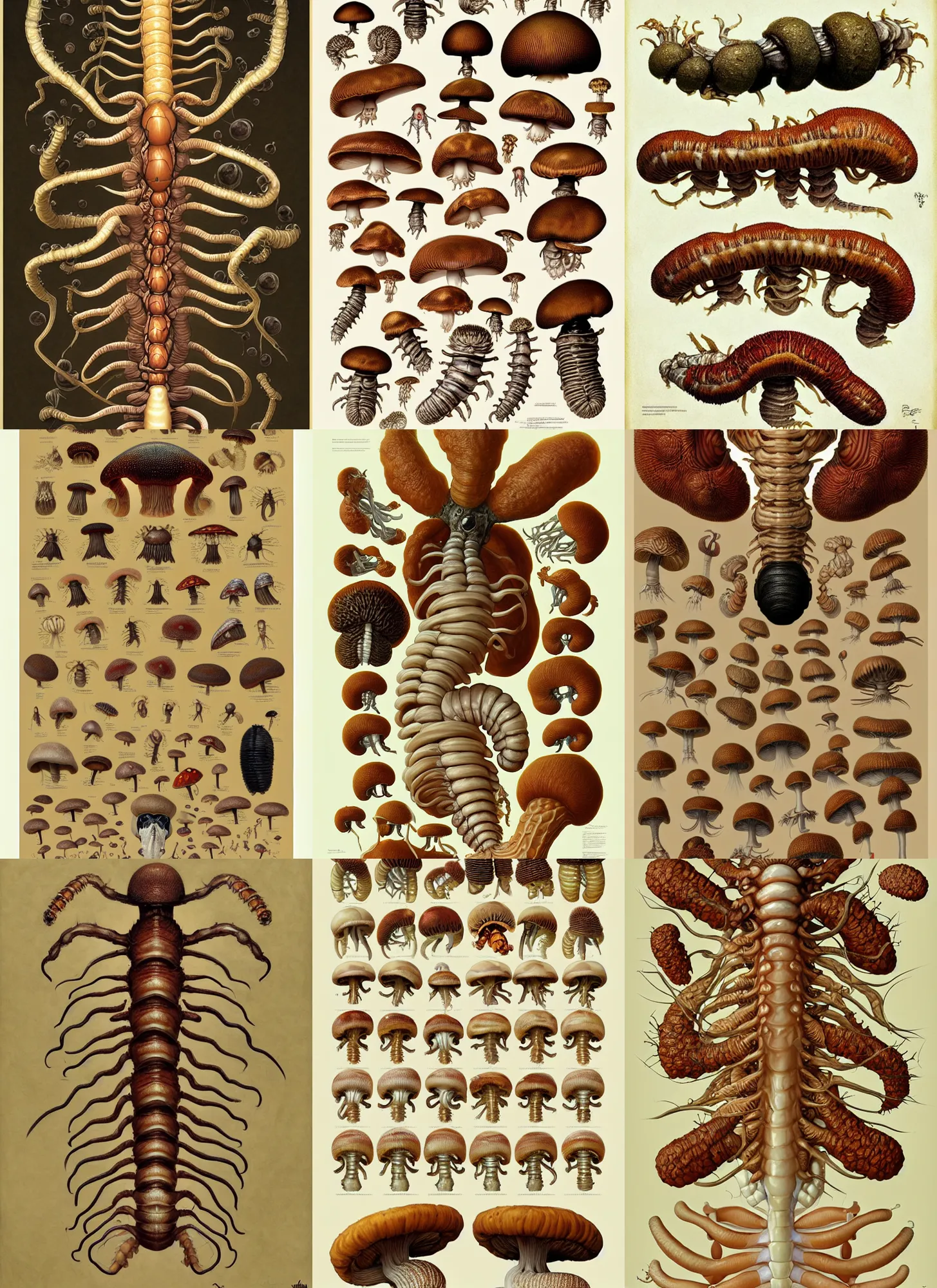 Prompt: fungus worm anatomy sheet on white background, action pose, intricate, highly detailed, digital painting, artstation, concept art, smooth, sharp focus, illustration, art by norman rockwell emiliano ponzi andrey remnev yoann lossel aaron jasinski, 8 k