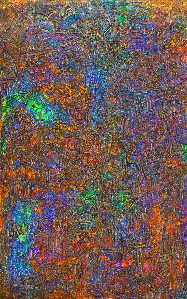 Image similar to ancient sarcophagus made of iridescent metal strange glyphs, award winning oil painting, midnight color palette