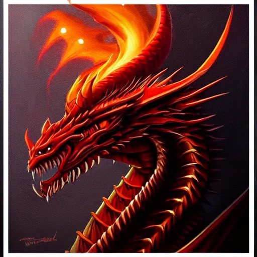 Prompt: painting of red dragon with sharp teeth breathing fire at night, by artgerm, by justin cheung, by greg hildebrandt, by wlop, charlie bowater, golden ratio, symmetric, elegant, ornate, luxury, elite, matte painting, cinematic, trending on artstation, deviantart and cgsociety, 8 k, high resolution