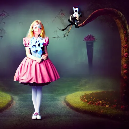 Image similar to beautiful full body portrait of alice in wonderland, middle aged, atmospheric, 4 k, strap shoes, white rabbit in background