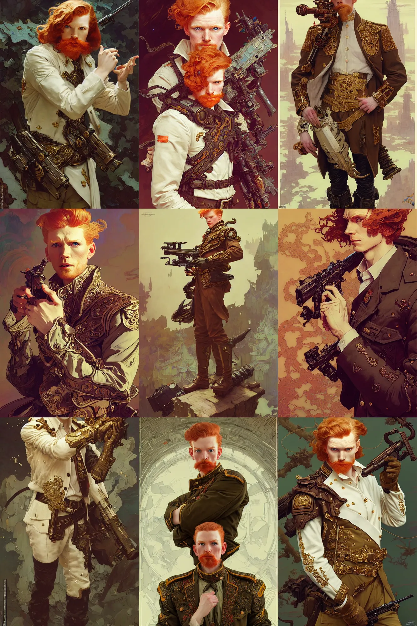 Prompt: young male colonel, ginger hair, white russian clothes, fantasy, highly detailed, intricate, smooth, art by joseph leyendecker, peter mohrbacher, ruan jia, marc simonetti, ayami kojima, cedric peyravernay, alphonse mucha, victo ngai