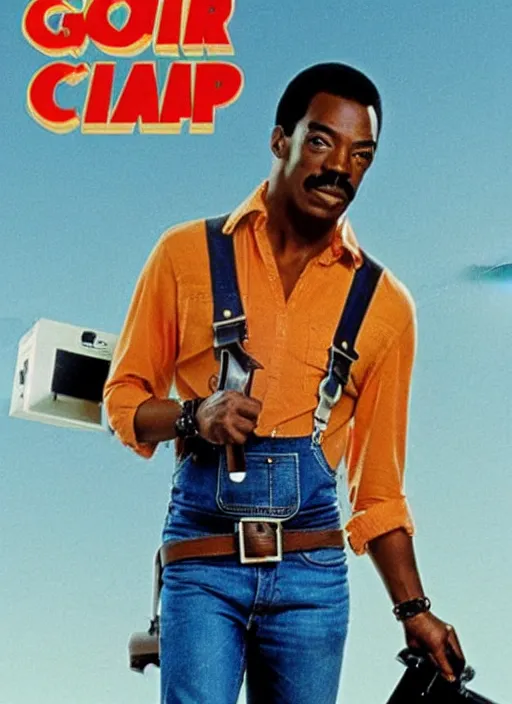 Image similar to an 8 0's john alvin action movie poster starring eddie murphy face as a plumber to rich people. bathroom. overalls. tool belt. the movie is called beverly hills crap