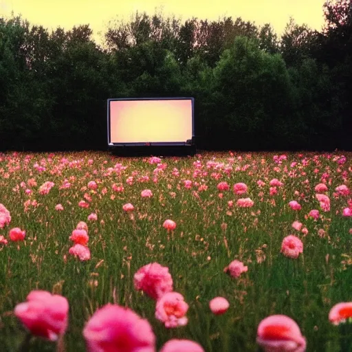 Prompt: 1 9 8 0 s movie ultra wide scene of a cult in a field of flowers, a scene from midsommar, old damage vhs, crt, bright lighting, 1 0 mm film, hyperrealistic, beautiful lighting