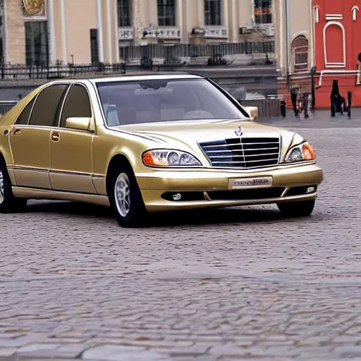 Image similar to gold Mercedes-Benz s500 long in the body 220 (w220) 2002 old year is located on the red square in Moscow