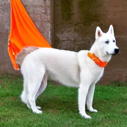 Image similar to a photo of a white husky dog wearing and orange saree