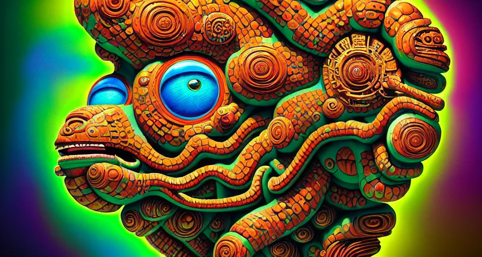 Prompt: portrait of a giant cartoon alien lion as a psychedelic neural tiki reptile stone god laying on a sofa, by naoto hattori, android jones, and chris dyer, deep bold colors, galactic dmt entity, depth of field, intricate beautiful painting, billions of details, octane render, portal, 8 k, detailed vector, trending on artstation, cgisociety