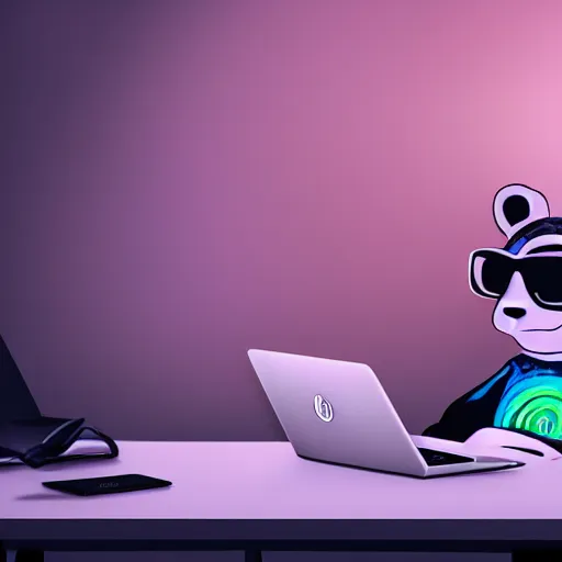 Prompt: a panda wearing metal frame glasses, sweater and glowing Headphones is coding in front of the computer; there are Mac book pro, a bottle of coffee, and some closed books on the desk, foggy, mystery code, Cyberpunk, neon light, 4k, hd, highly detailed