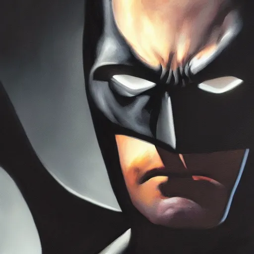 Image similar to An ultra-realistic painting of Batman in the style of Alex Ross. 4K. Ultra-realistic. Highly detailed. Dark Fantasy. Epic lighting.