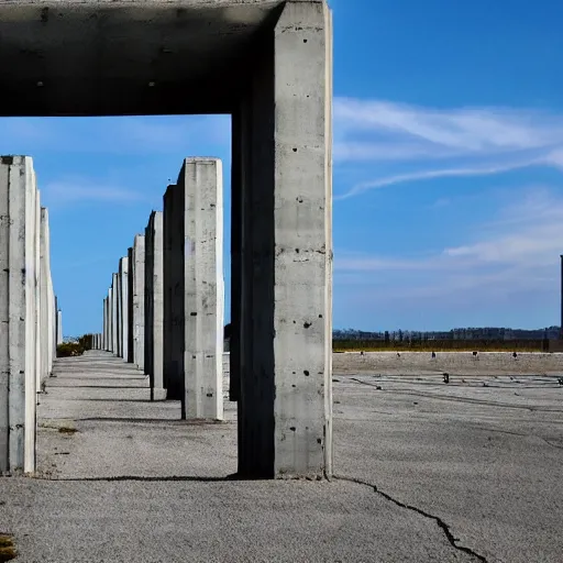 Image similar to a flate endless plane of concrete covered in concrete pillars that go on to the horizon, open sky, blue sky with clouds