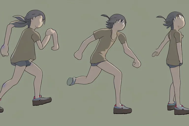 Image similar to a reference sheet containing of a hero running by ghibli studio, front back view and side view, proportions, sprite sheet, running cycle, ready to model,