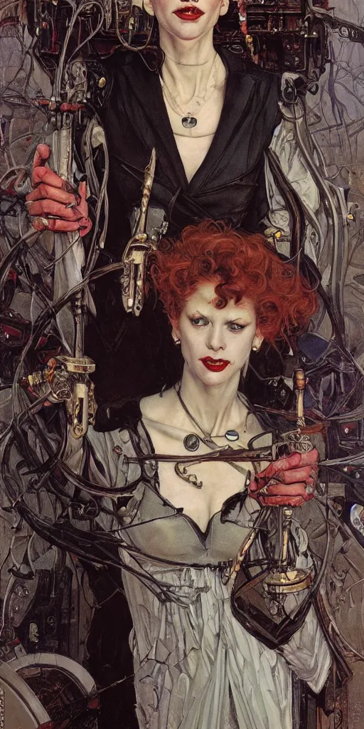 Prompt: portrait of an urban female vampire, with an unusual sense of fashion, by donato giancola and norman rockwell.