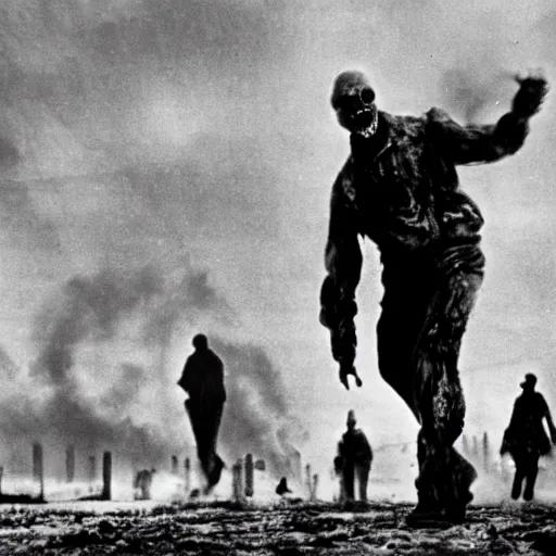 Image similar to real life irradiated walking zombie 1950s nuclear wasteland black and white award winning photo highly detailed, highly in focus, highly life-like Arriflex 35 II, by stanley kubrick