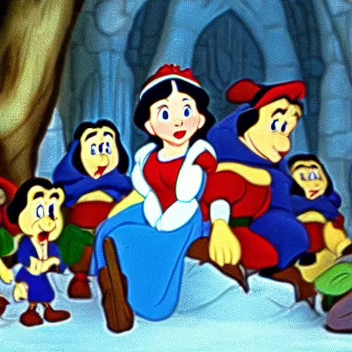 Prompt: close up of snow white and the 7 dwarfs, cinematographic shot, by walt disney cartoon