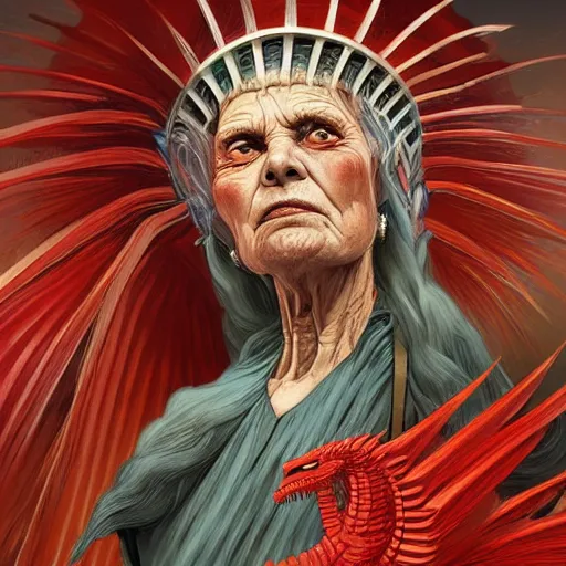 Image similar to An elderly orthodox patriarch as a Lady Liberty riding the red dragon of china, highly detailed, digital painting, artstation, concept art, smooth, sharp focus, illustration, art by artgerm and greg rutkowski and alphonse mucha