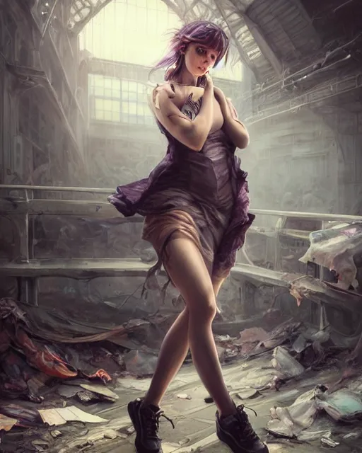 Prompt: daniel gerhartz and artgerm detailed portrait digital rococo painting of a beautiful woman wearing streetwear clothing, instagram style, abandoned warehouse interior in the background, unreal engine, hyper realism, realistic shading, cinematic composition, blender render, octane render, hdr, detailed textures, photorealistic, ultrawide shot, 3 5 mm film
