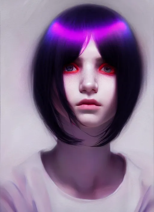 Image similar to hair whitebangs hair, black hair, whitebangs, portrait of teenage girl with white bangs, red irises, purple clothes, white bangs, bangs are different color from hair, intricate, elegant, glowing lights, highly detailed, digital painting, artstation, concept art, smooth, sharp focus, illustration, art by wlop, mars ravelo and greg rutkowski