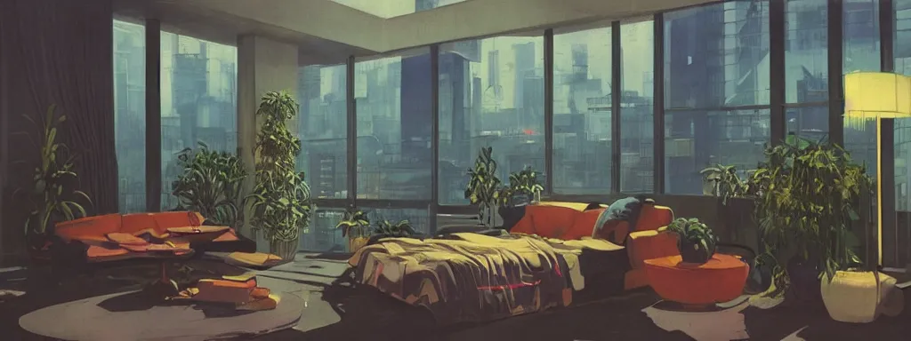 Image similar to concept art, night time retro - futurist penthouse, reflections, moody, designer furniture, high ceiling, 6 0 s colour palette, plants, flowers, floor lamps, multi - level, soft lighting, city view, bladerunner, james jean, syd mead, akihiko yoshida, cinematic