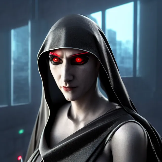 Image similar to cyberpunk nun warrior, highly detailed, 4 k, hdr, smooth, sharp focus, high resolution, award - winning photo, photorealistic