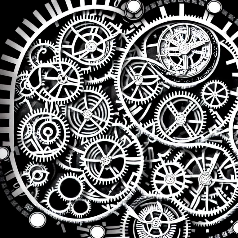 Image similar to a black and white drawing of variety of sea life and mechanical gears cogs inside a watch, a microscopic photo by ernst haeckel, zbrush central, kinetic pointillism, intricate patterns, photoillustration