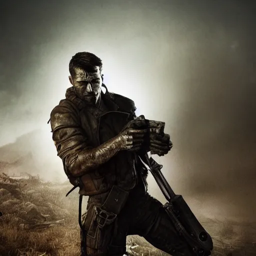 Image similar to fallout 5, charismatic imposing rugged mad max inspired protagonist, portrait, outdoors european cityscape, atmospheric lighting, painted, intricate, volumetric lighting, beautiful, daytime, wet, rainy, foggy weather, slight overcast, sharp focus, deep colours, ultra detailed, by leesha hannigan, ross tran, thierry doizon, kai carpenter, ignacio fernandez rios