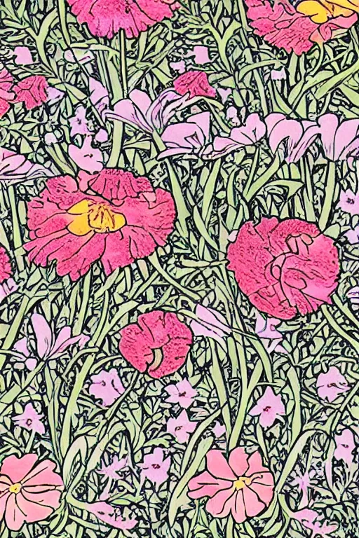 Image similar to spring flowers, happy and beautiful, by jacdraws and william morris